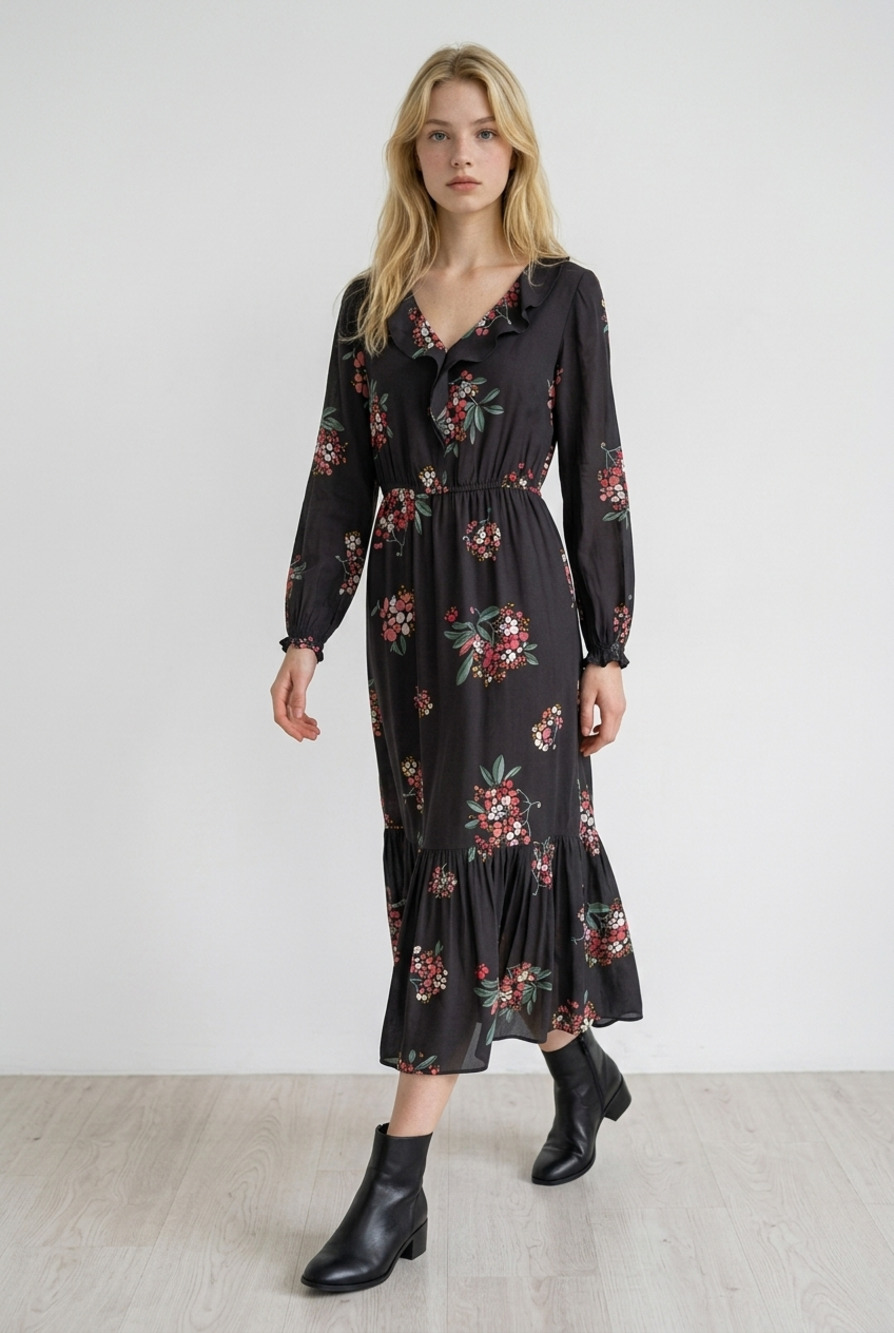 LOFT Petites Black Floral Ruffle Tiered Long Sleeve Maxi Dress